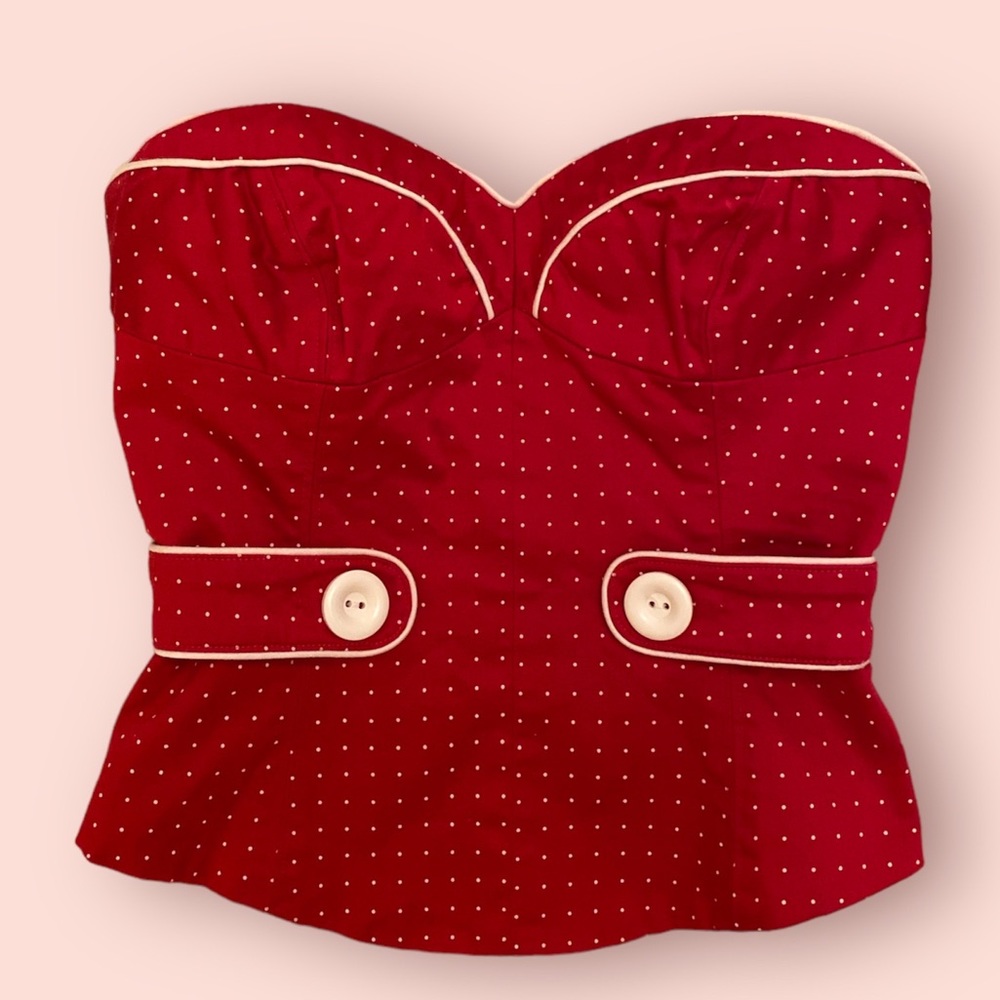 bebe Red Strapless Polka Dot Bustier Top with Cream Trim Accents